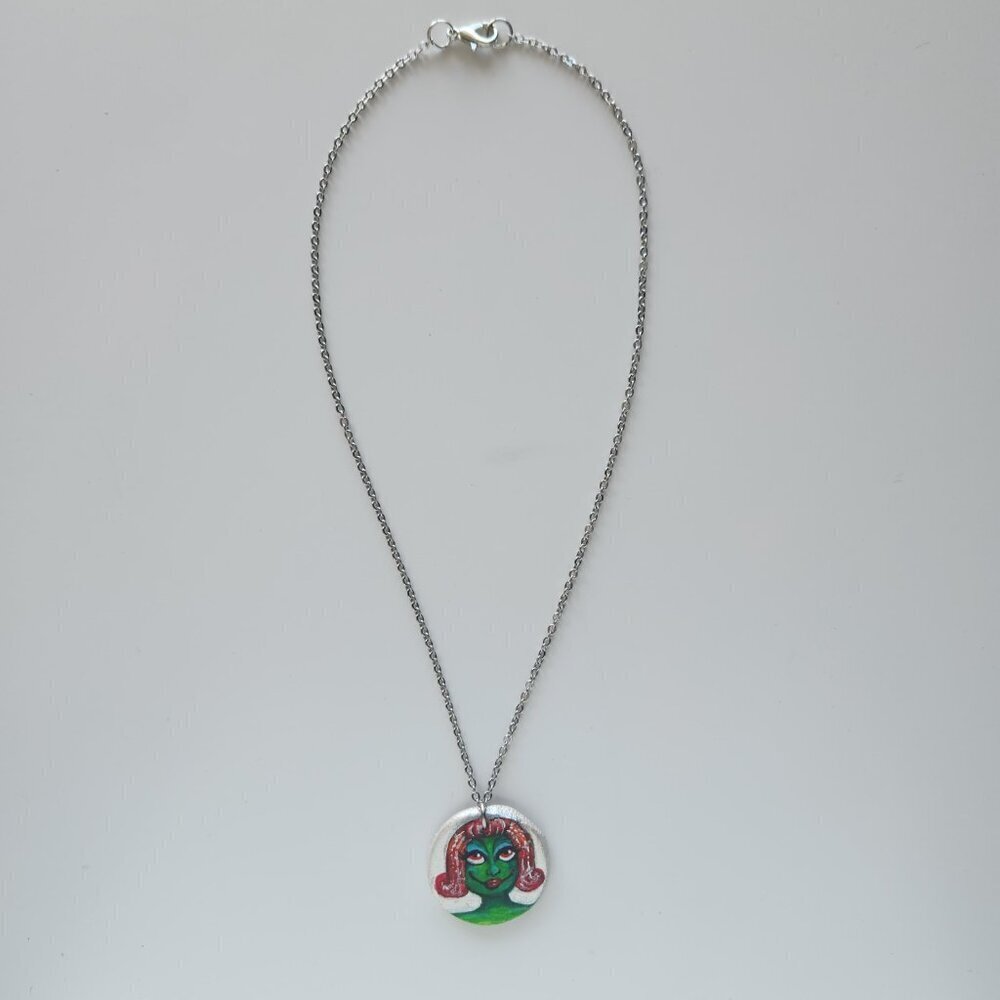 Unique colourful green witch pendant on a dainty silver chain - Picture 8 of 13